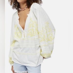 Free People Persuasion Boho Folk Embroidered Tunic Top Blouse Ivory Laarge